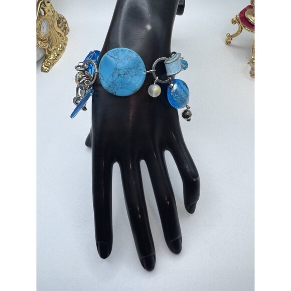 BLUE FOIL GLASS Beads Bracelet Whit Mix Materials And Silver Tone - Picture 2 of 9